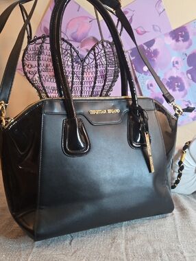 Christian Siriano Black Patent Trim Satchel with Gold Hardware